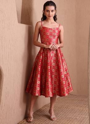 Red faux banarasi brocade fit & flare midi dress with zari weaving work 3