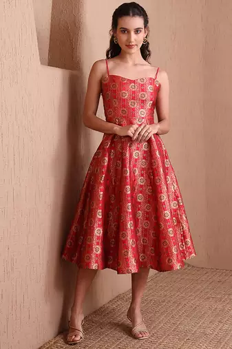 Red faux banarasi brocade fit & flare midi dress with zari weaving work