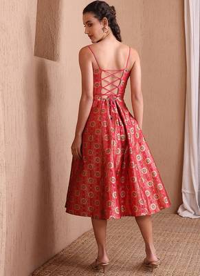 Red faux banarasi brocade fit & flare midi dress with zari weaving work 4