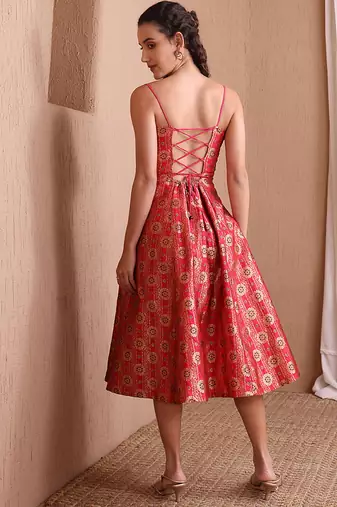 Red faux banarasi brocade fit & flare midi dress with zari weaving work