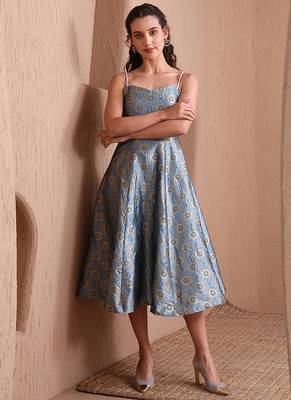 Sky blue faux banarasi brocade fit & flare midi dress with zari weaving work 1