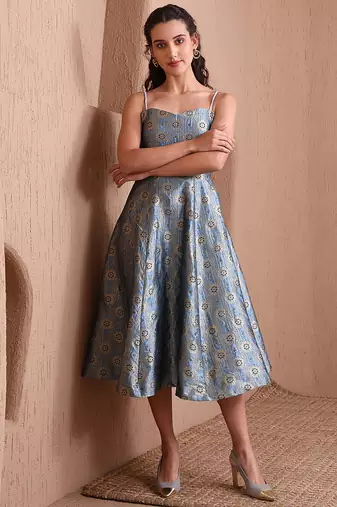 Women's sky blue faux banarasi brocade festive fit & flare midi dress with zari weaving work
