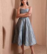 Sky blue faux banarasi brocade fit & flare midi dress with zari weaving work