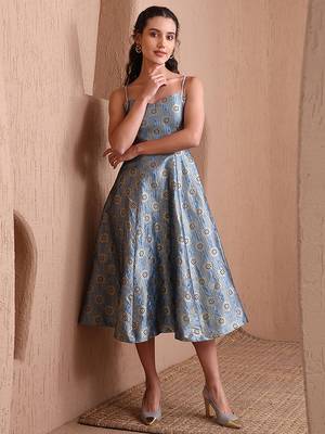 Sky blue faux banarasi brocade fit & flare midi dress with zari weaving work 2