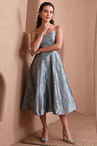 Sky blue faux banarasi brocade fit & flare midi dress with zari weaving work