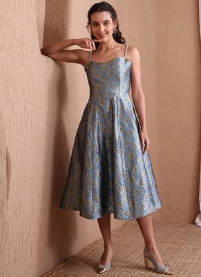 Sky blue faux banarasi brocade fit & flare midi dress with zari weaving work 3