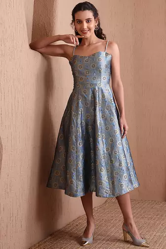 Sky blue faux banarasi brocade fit & flare midi dress with zari weaving work