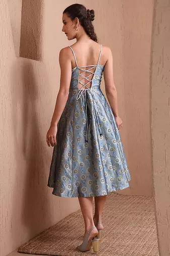Sky blue faux banarasi brocade fit & flare midi dress with zari weaving work