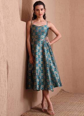 rama green faux banarasi brocade fit & flare midi dress with zari weaving work 1