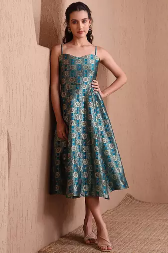 Women's rama green faux banarasi brocade festive fit & flare midi dress with zari weaving work