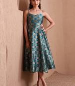 rama green faux banarasi brocade fit & flare midi dress with zari weaving work