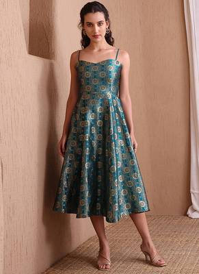 rama green faux banarasi brocade fit & flare midi dress with zari weaving work 2