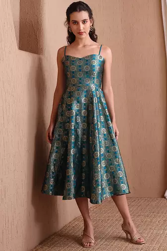 rama green faux banarasi brocade fit & flare midi dress with zari weaving work