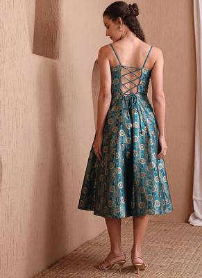 rama green faux banarasi brocade fit & flare midi dress with zari weaving work 4
