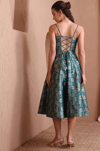 rama green faux banarasi brocade fit & flare midi dress with zari weaving work