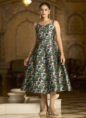 Green jacquard woven floral fit & flare midi dress 1