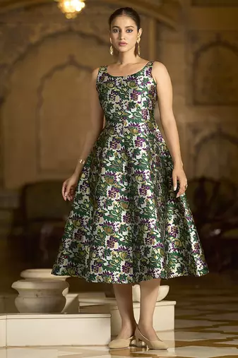 Green jacquard woven floral fit & flare midi dress