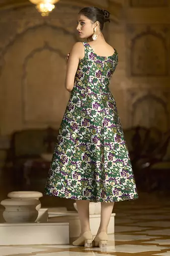 Green jacquard woven floral fit & flare midi dress