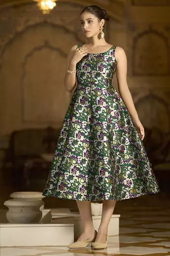 Green jacquard woven floral fit & flare midi dress