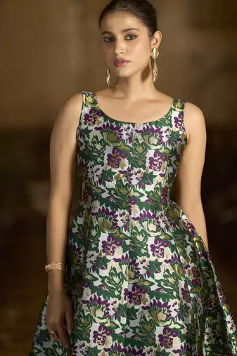 Green jacquard woven floral fit & flare midi dress