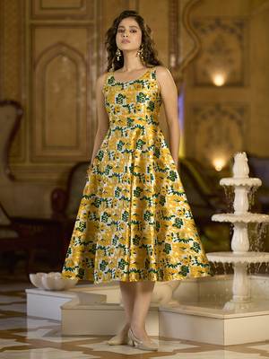 Yellow jacquard woven floral fit & flare midi dress 1