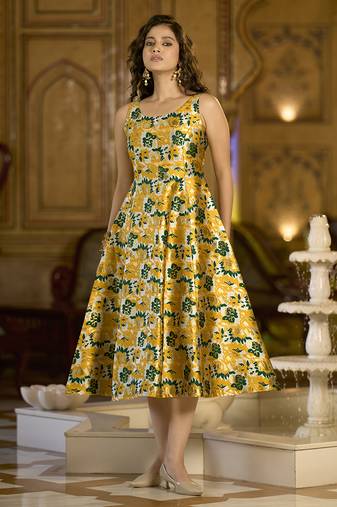 Yellow jacquard woven floral fit & flare midi dress