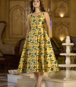 Yellow jacquard woven floral fit & flare midi dress