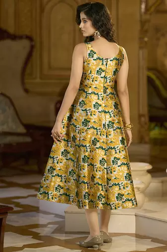Yellow jacquard woven floral fit & flare midi dress