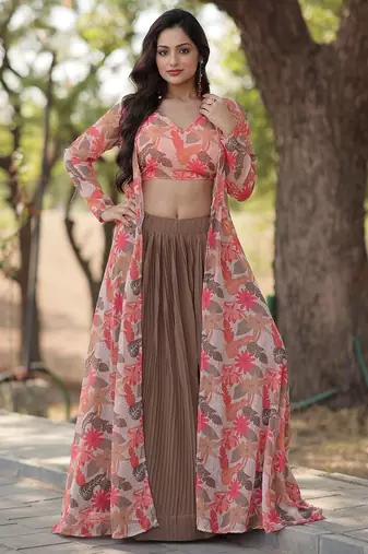 Coffee Faux Georgette Lehenga Choli Shrug