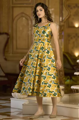 Yellow jacquard woven floral fit & flare midi dress