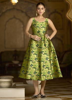 Parrot green jacquard woven floral fit & flare midi dress 1