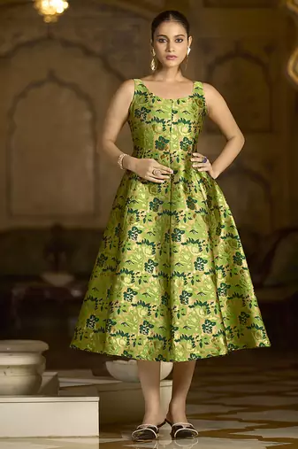 Parrot green jacquard woven floral fit & flare midi dress
