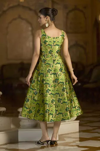 Parrot green jacquard woven floral fit & flare midi dress