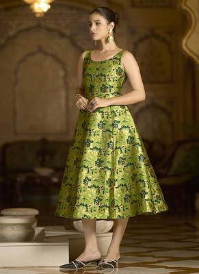 Parrot green jacquard woven floral fit & flare midi dress 3