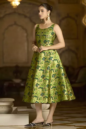Parrot green jacquard woven floral fit & flare midi dress