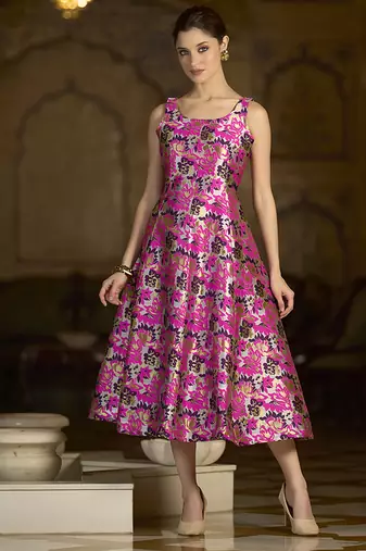 Pink jacquard woven floral fit & flare midi dress