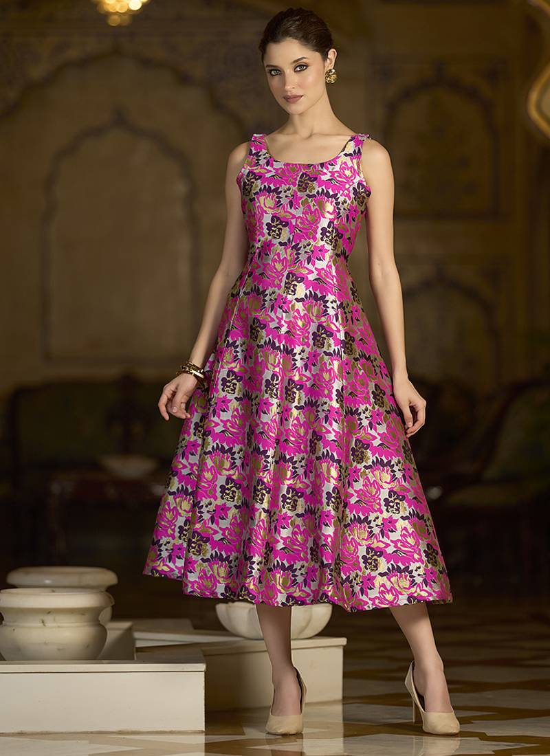 Pink jacquard woven floral fit & flare midi dress