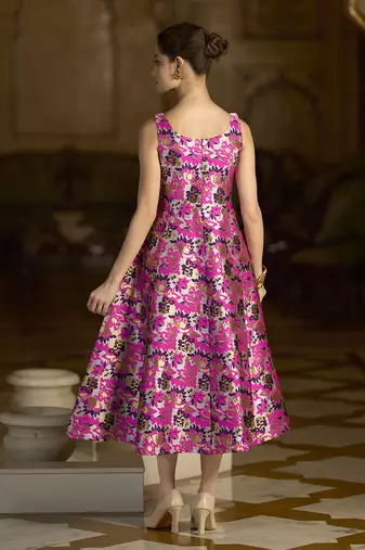 Pink jacquard woven floral fit & flare midi dress