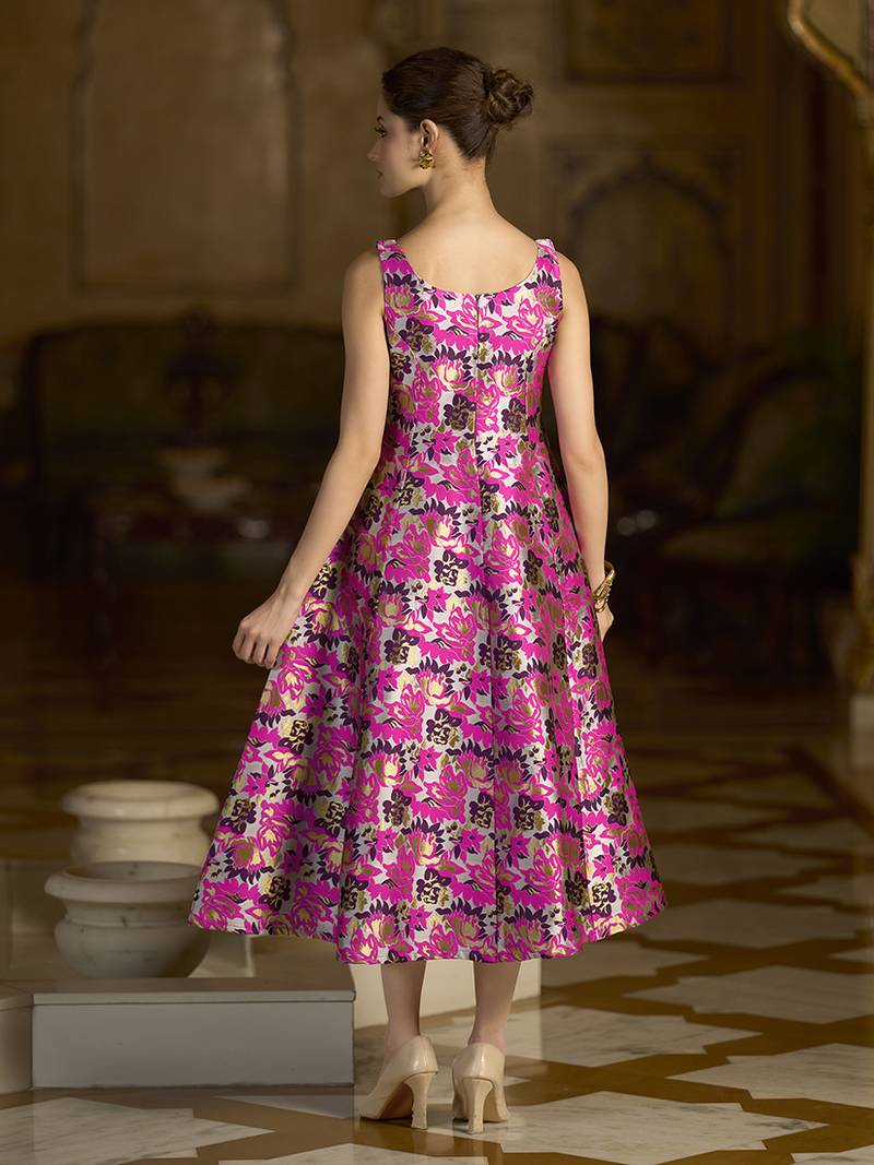 Pink jacquard woven floral fit & flare midi dress