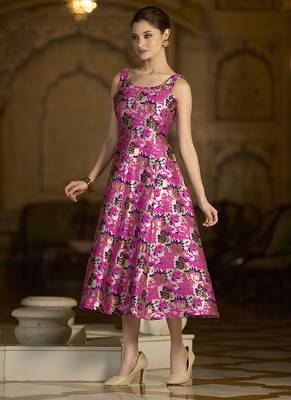 Pink jacquard woven floral fit & flare midi dress 3