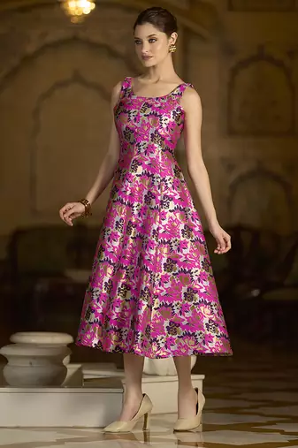 Pink jacquard woven floral fit & flare midi dress