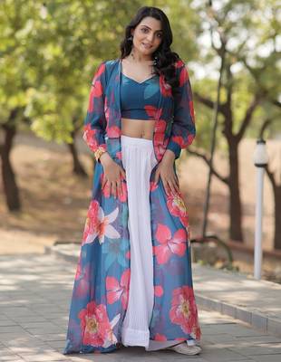 White Faux Georgette Lehenga Choli Shrug 5