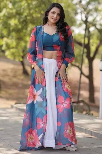 White Faux Georgette Lehenga Choli Shrug