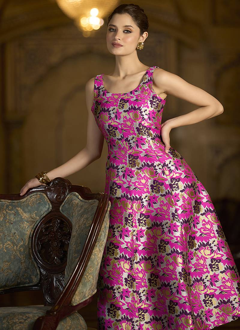 Pink jacquard woven floral fit & flare midi dress