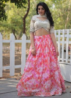 Pink Digital Printed Faux Georgette Sequins Work Lehenga Choli With Dupatta 5