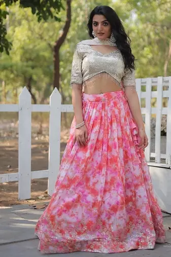 Pink Color Digital Printed Faux Georgette Sequins Work Lehenga Choli With Dupatta