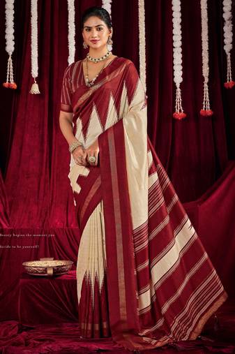 maroon & white color ikkat art silk fabric zig zag printed traditional party looks saree