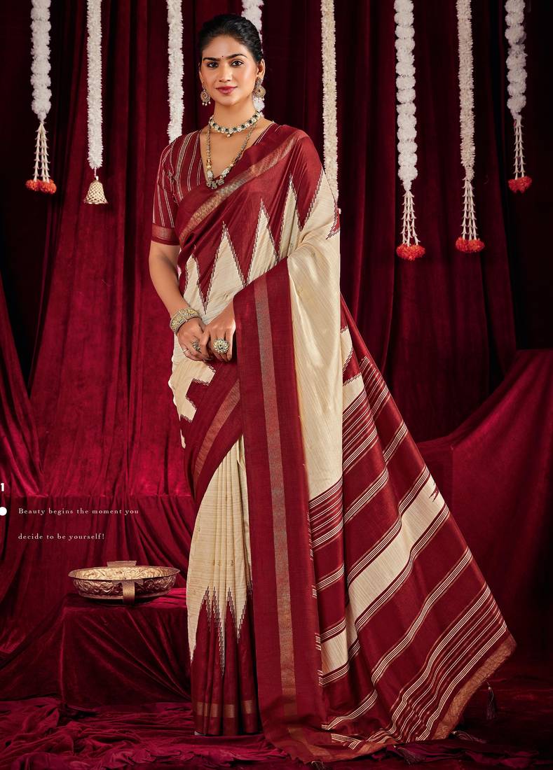 maroon & white color ikkat art silk fabric designer zig zag printed traditional party looks saree