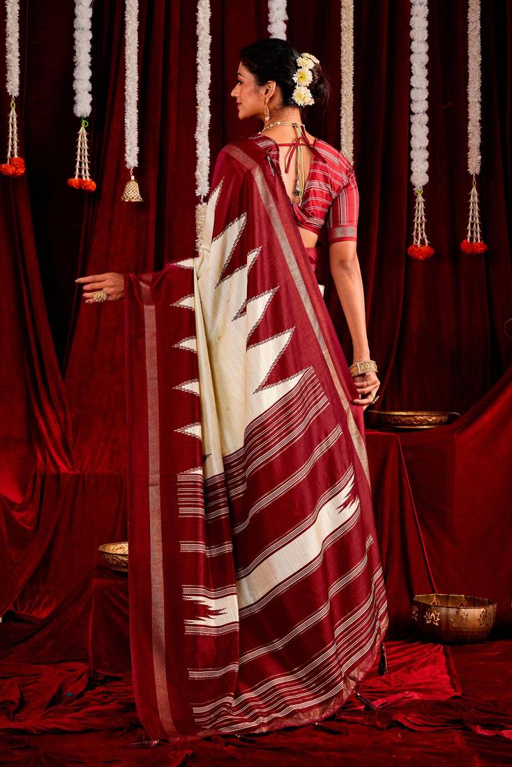 maroon & white color ikkat art silk fabric designer zig zag printed traditional party looks saree