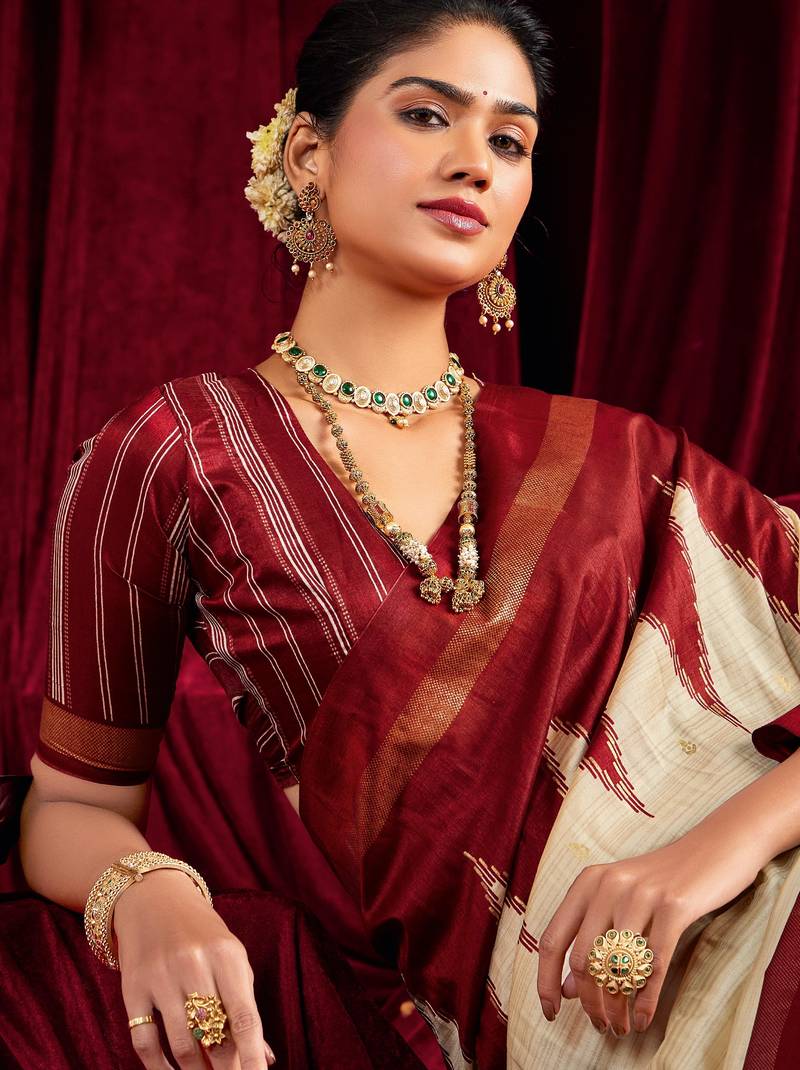 maroon & white color ikkat art silk fabric designer zig zag printed traditional party looks saree